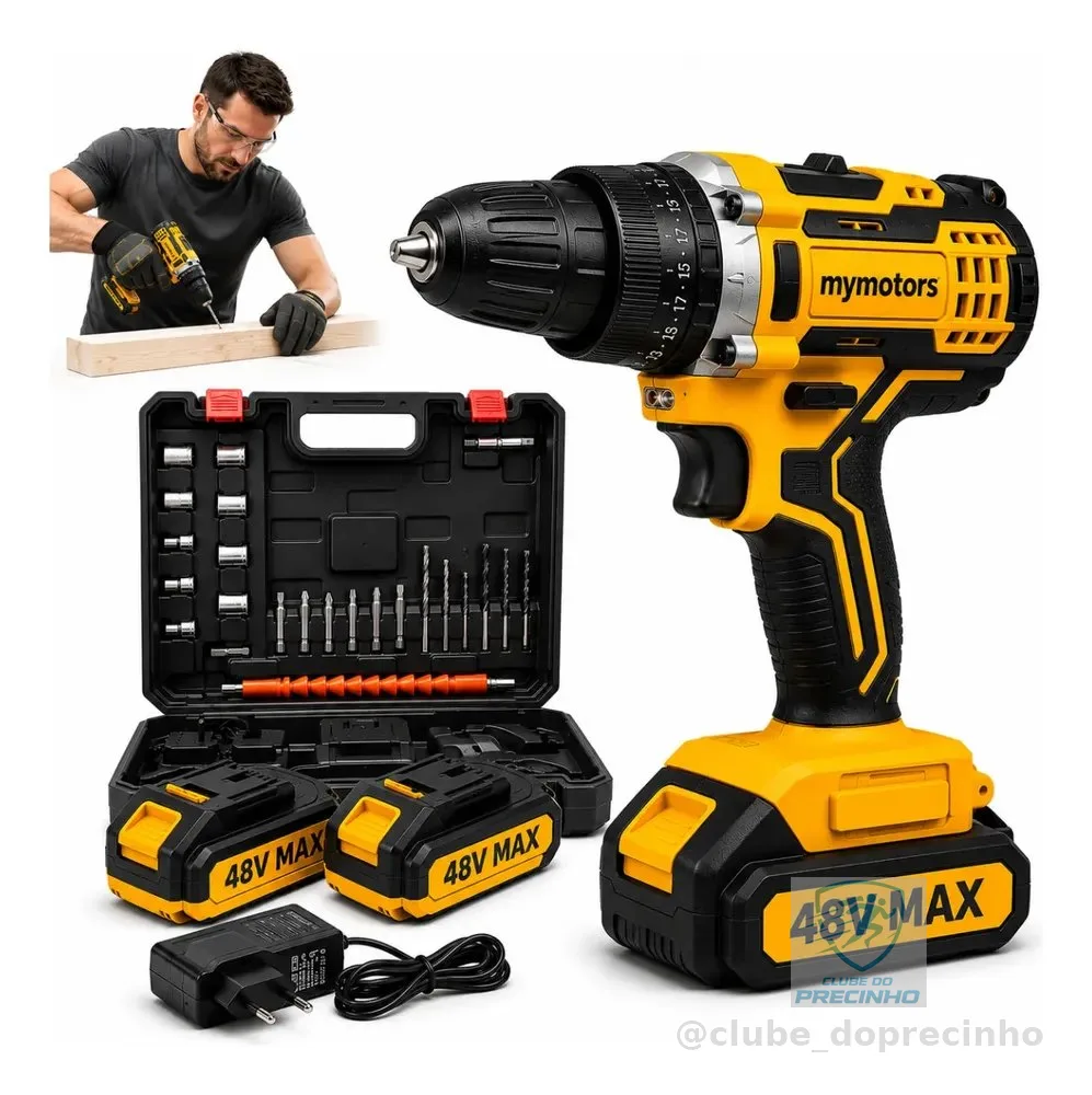 Parafusadeira Furadeira 48v Profissional 2 Baterias Sem Fio Amarelo 127/220v 60 Hz