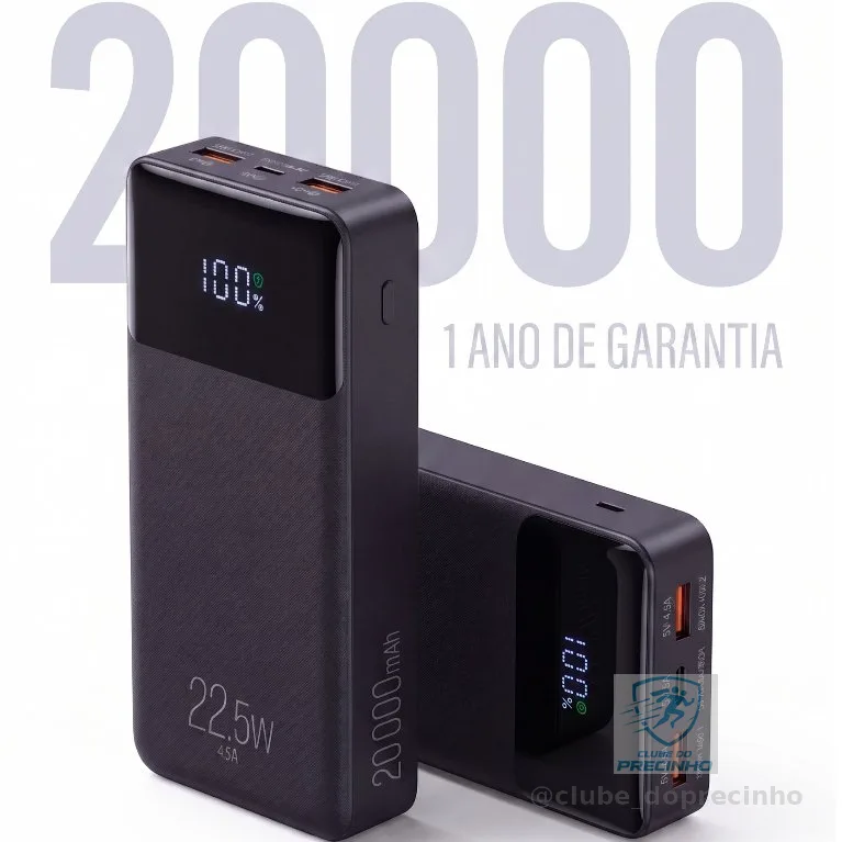 Power Bank Carregador Portátil Pro 20000mAH ELG PB200BK, Bateria Portátil Universal, Carga Rápida, Display Indicador