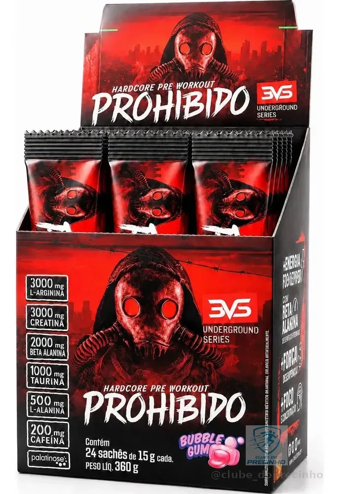 PRÉ TREINO PROHIBIDO 24 Sachês dose individual com 15g cada - Sabor: Bubble Gum - Fórmula Exclusiva com 11 ingredientes