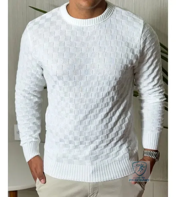 Suéter Masculino Lã Tricot Manga Longa Xadrez Blusa De Frio