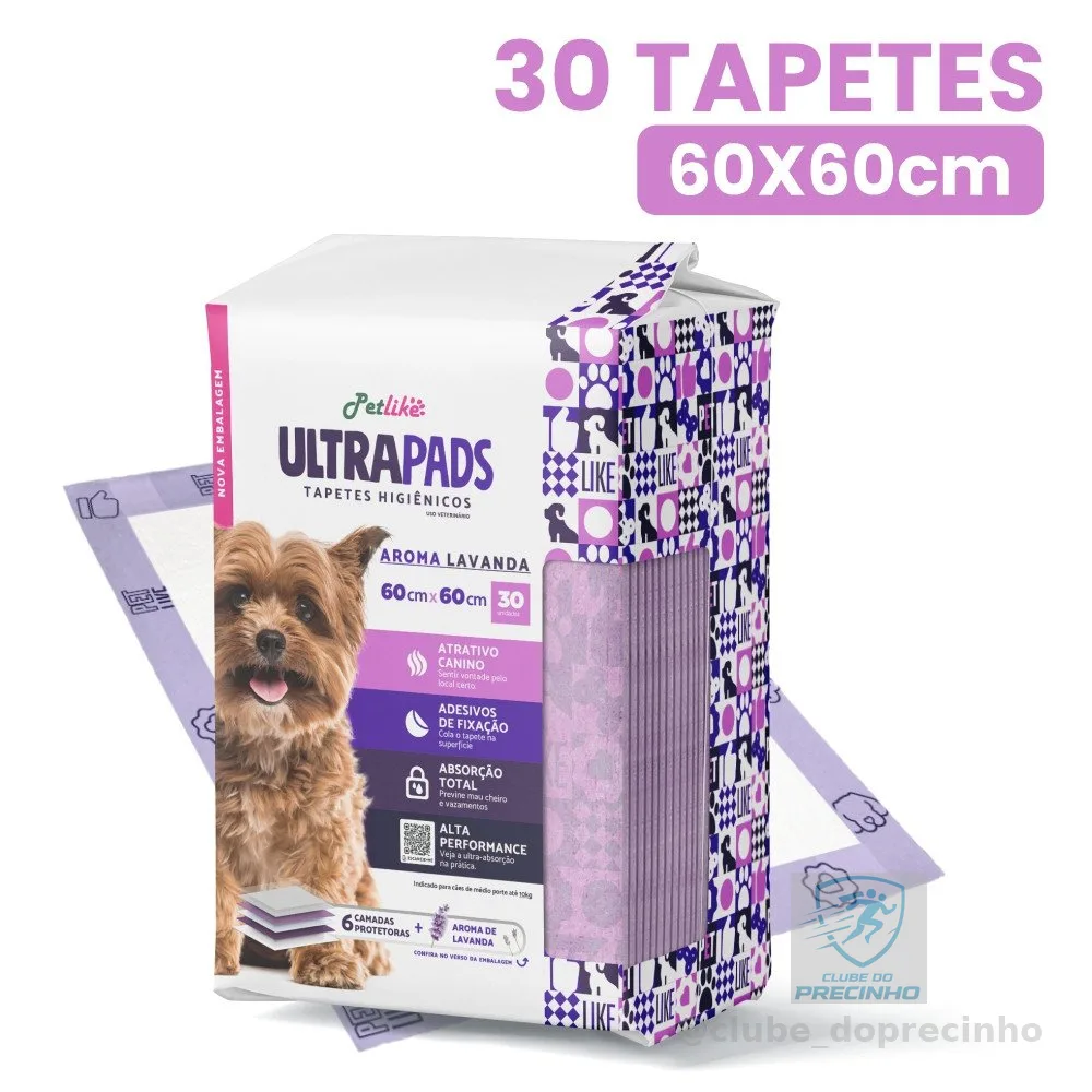 Tapete Higiênico Para Cães e Gatos Ultra Pads 30 unidades 60x60cm Aroma Lavanda Alta Absorção