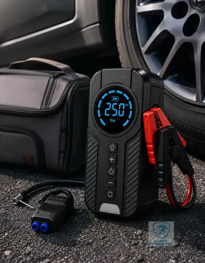 Auxiliar De Partida Para Carro Compressor De Ar Portátil 12V 4 funções em 1 Inflador Digital Calibrador De Pneu Power Bank Lanterna LED Emergência Automotiva Moto SUV Bicicleta Caminhonete MidiaFone