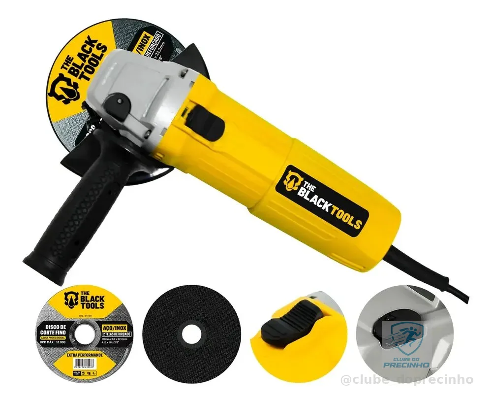 Esmerilhadeira Lixadeira Angular 4.1/2 11000rpm 780w The Black Tools Cor Amarelo Com 2 Discos De Corte