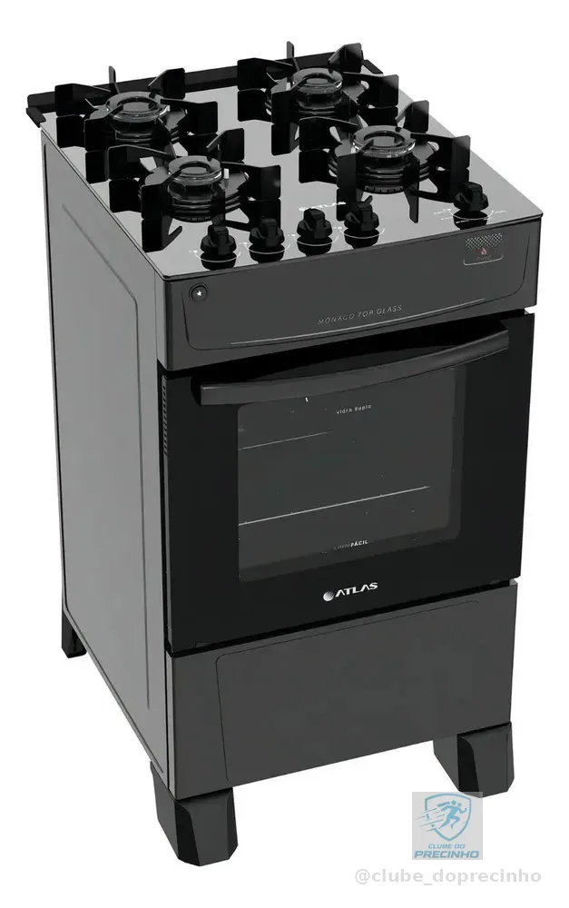 Fogão 4 Bocas Atlas Mônaco Top Glass com Mesa de Vidro e Acendimento Automático Preto Bivolt