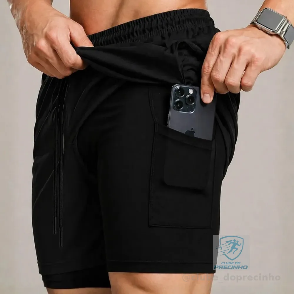 Bermuda Compressão Duplo Masculina 2 Em 1 Short Academia Preto Liso Gg