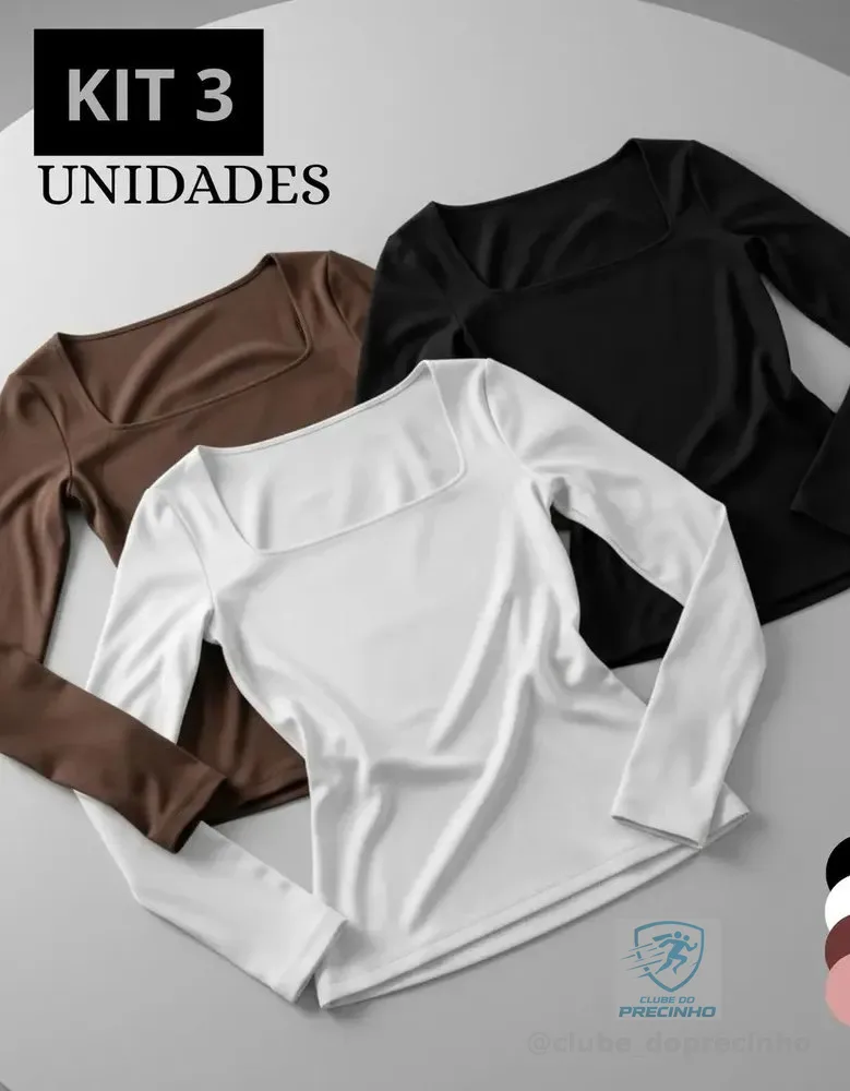 Kit 3 Blusa Manga Longa Inverno Decote Gola Quadrada Marrom-branco-preto P