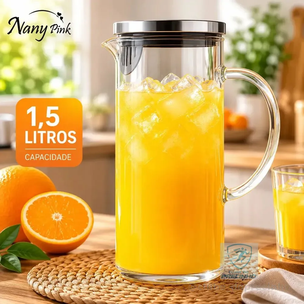 Jarra Vidro Borossilicato 1,5 Litros Tampa Inox Hermética Agua Suco Transparente - Nany Pink