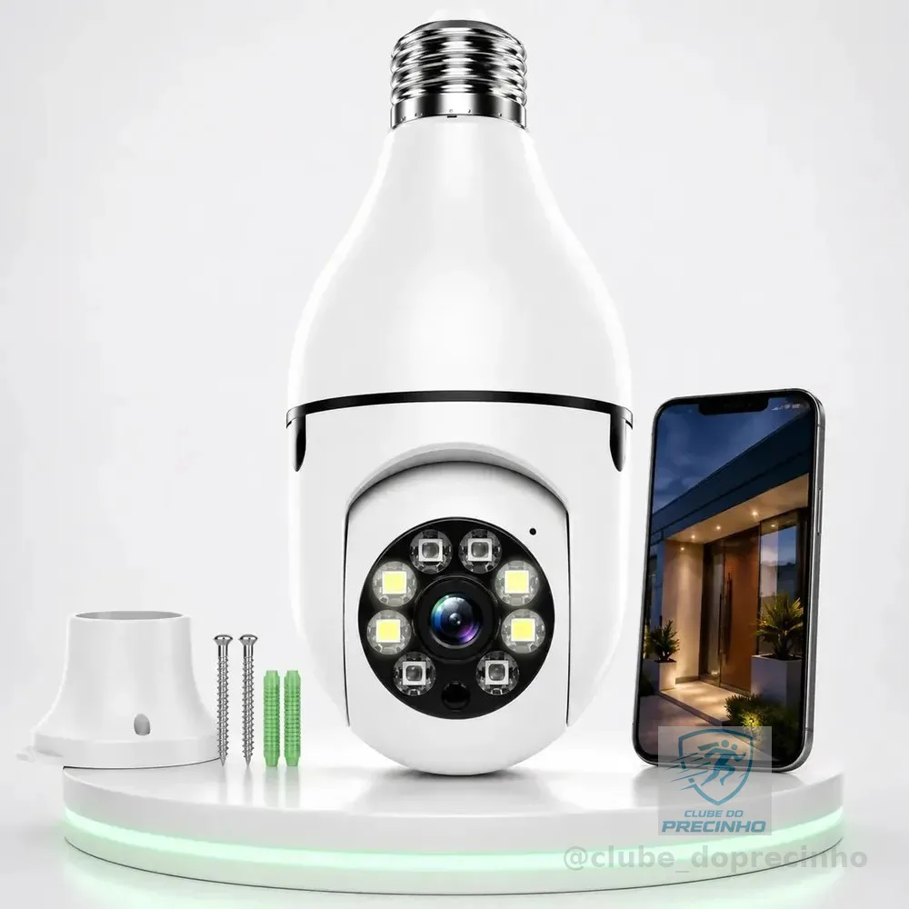 Câmera De Segurança Lâmpada Panorâmica Wi-Fi 1080p Sensor Movimento 355º Visão Noturna