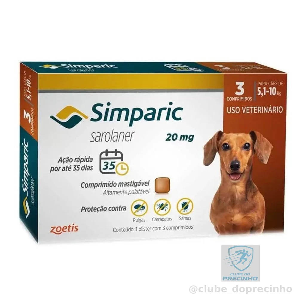 Antipulgas Para Cães Simparic 20mg De 5,1-10kg 3 Comprimido
