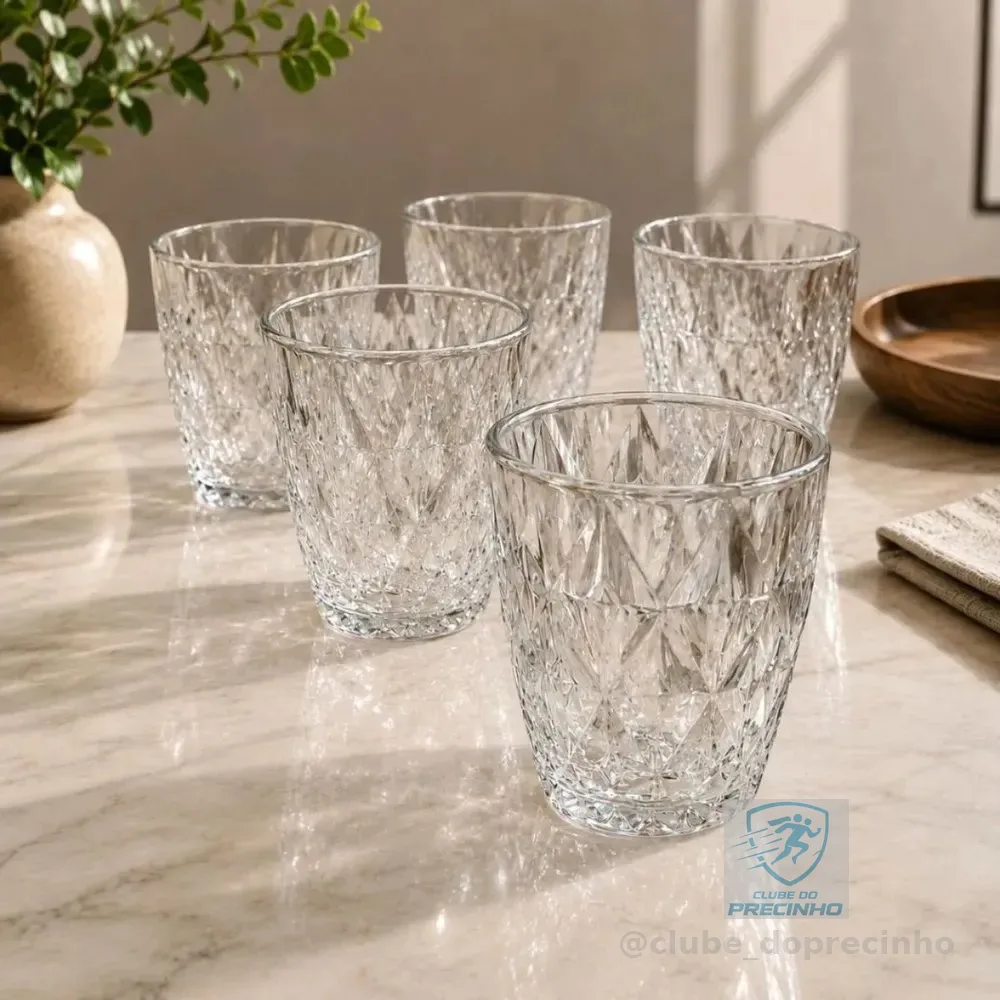 Jogo 6 Copos Baixos Diamond 300ml Vidro Resistente Diamante Transparente