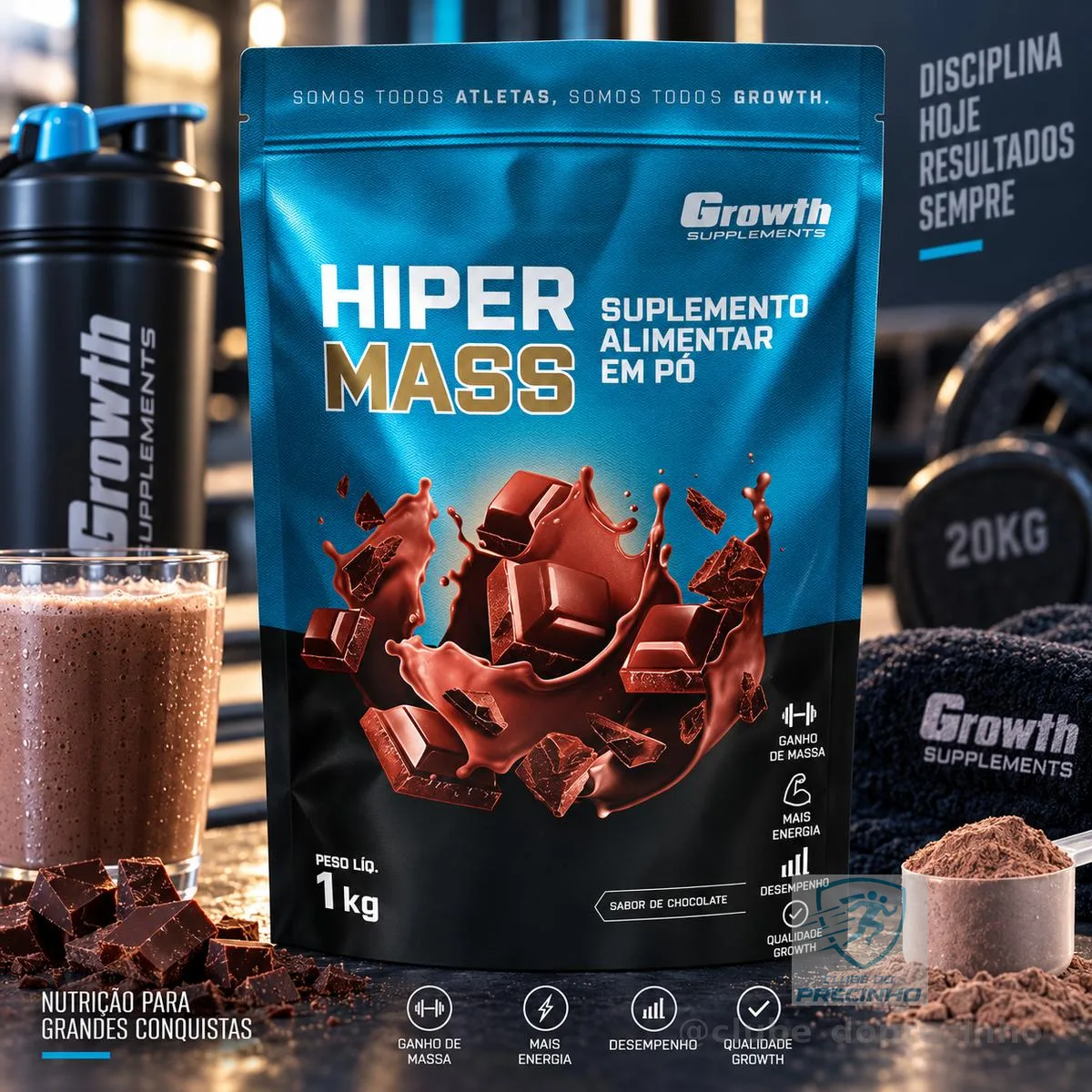 Growth Supplements Hiper Mass, Pó, Sabor Chocolate, Blend de Whey Protein, Albumina e Colágeno Hidrolisado, 1kg