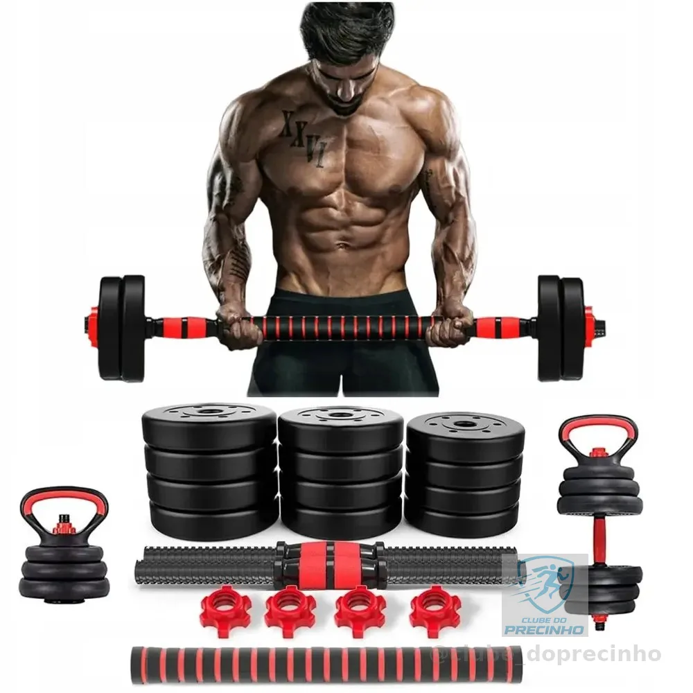Kit Halteres Barra E Anilhas Musculação Kettlebell Ajustáveis Peso Academia 15kg