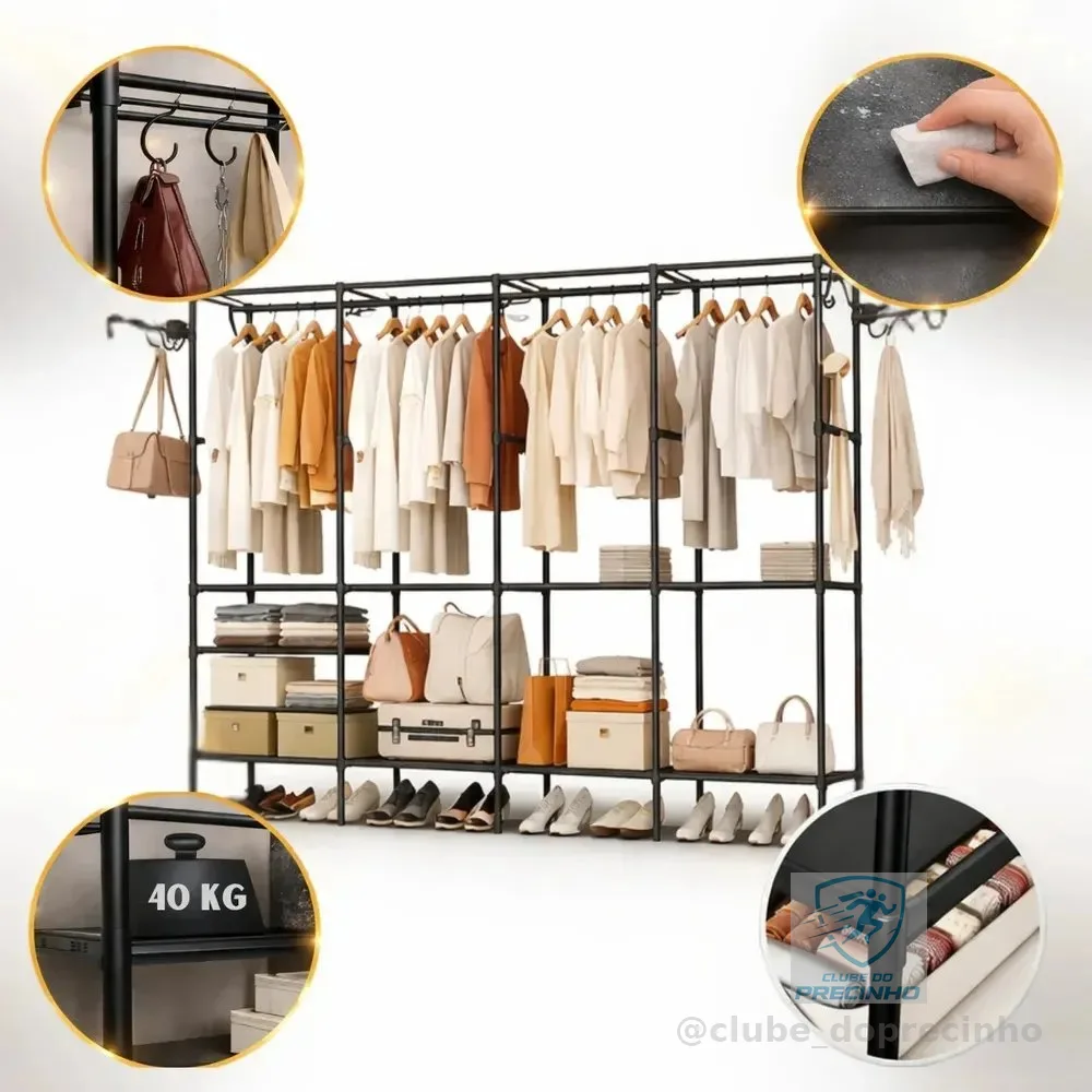Arara Organizadora 4 Colunas Em Aço Resistente Guarda Roupa Dobrável Modular Cabideiro Closet Aberto Organizador De Roupas Desmontável