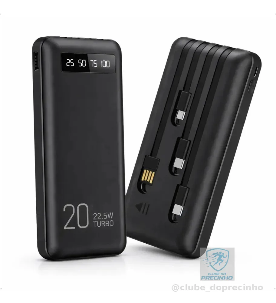 Power Bank 20000mah Carregador Portátil Turbo Rápido 22.5w Display Digital Preto