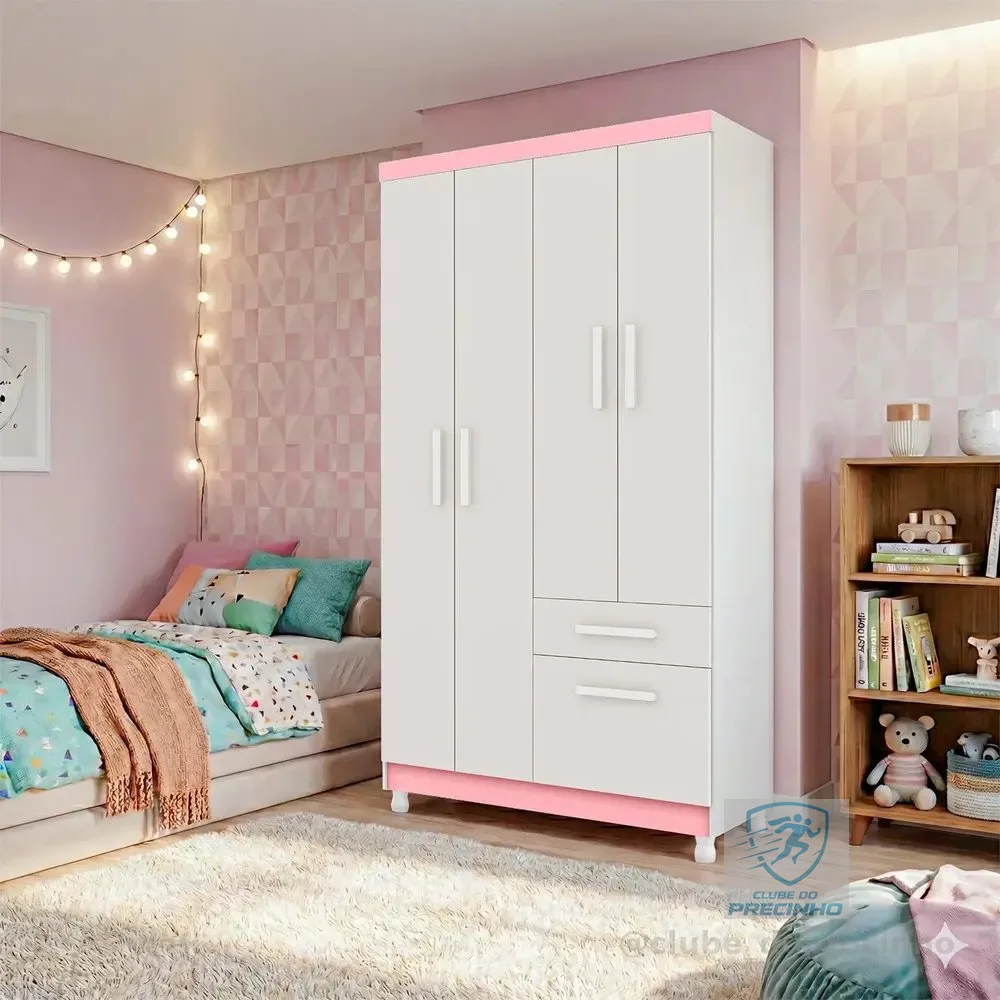 Guarda Roupa Eva Bela Branco 5 Portas 1 Gaveta Puxador Mdf A Rosa
