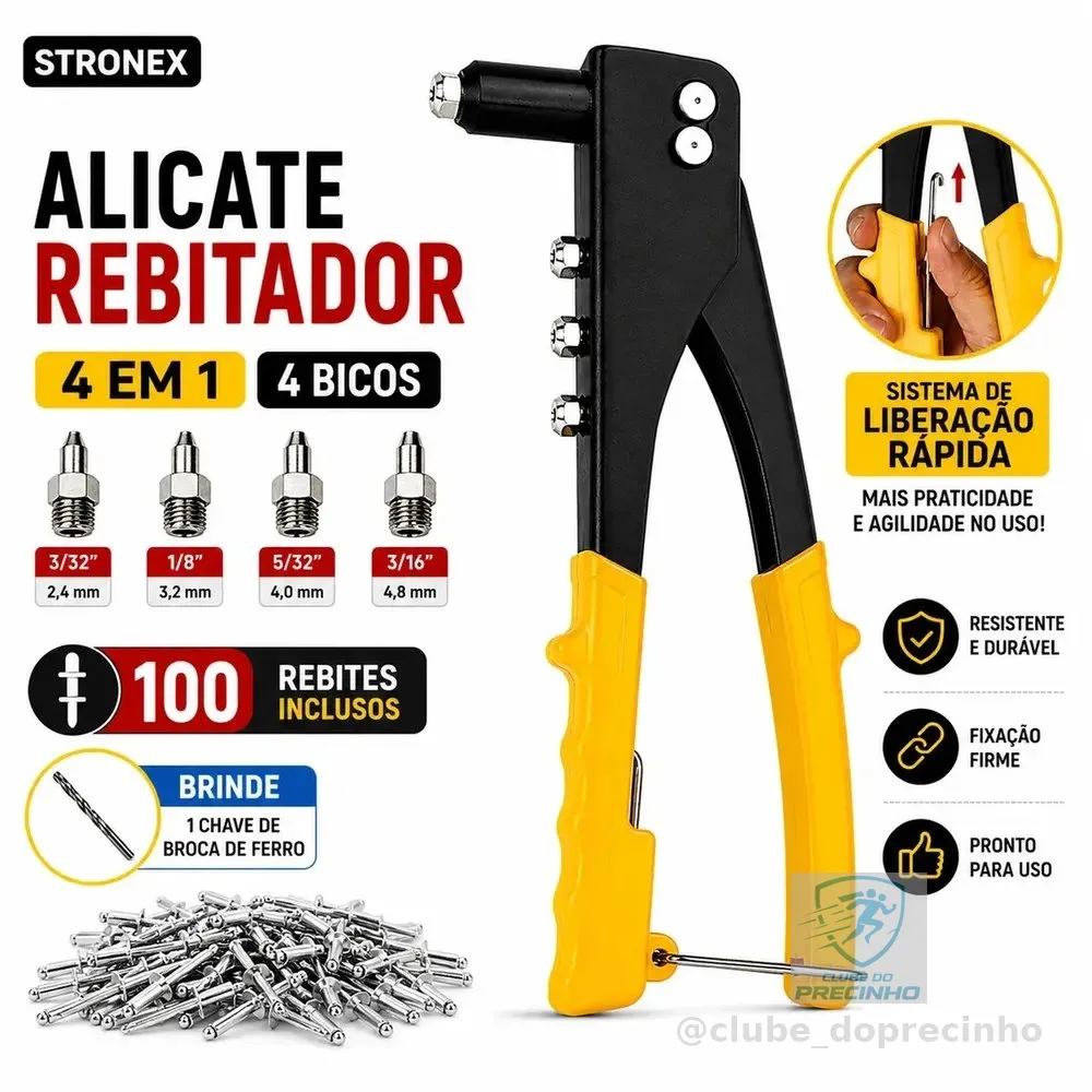 REBITADOR MANUAL REBITADEIRA DE ALICATE 4 BICOS REBITE ALICATE DE REPUXO ALUMÍNIO KIT 100 REBITES UNIVERSAL PROFISSIONAL STRONEX