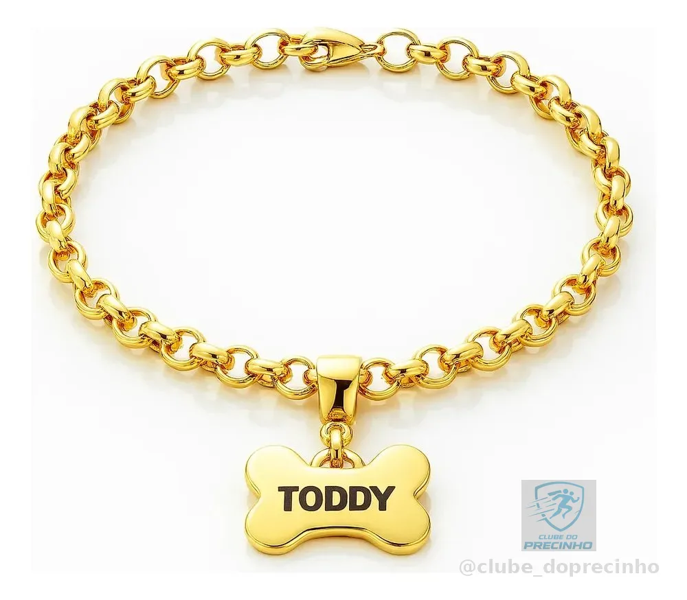Coleira Pet Folheado Ouro 18k Personalizada Nome Cachorro Dourado Ossos P