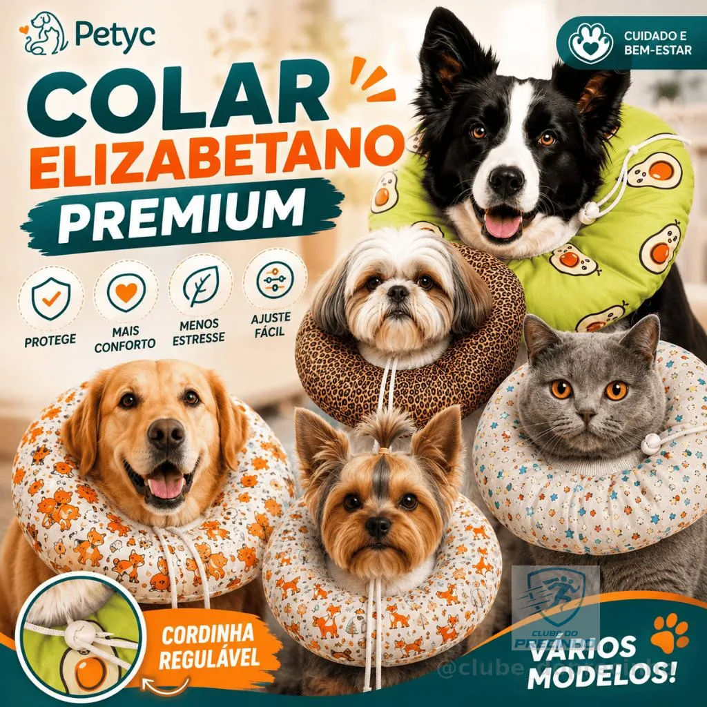 Colar Elizabetano Ajustável Petyc Cone Pós Cirúrgico Cães e Gatos Confortável Estampado Proteção Macio Regulagem Segura