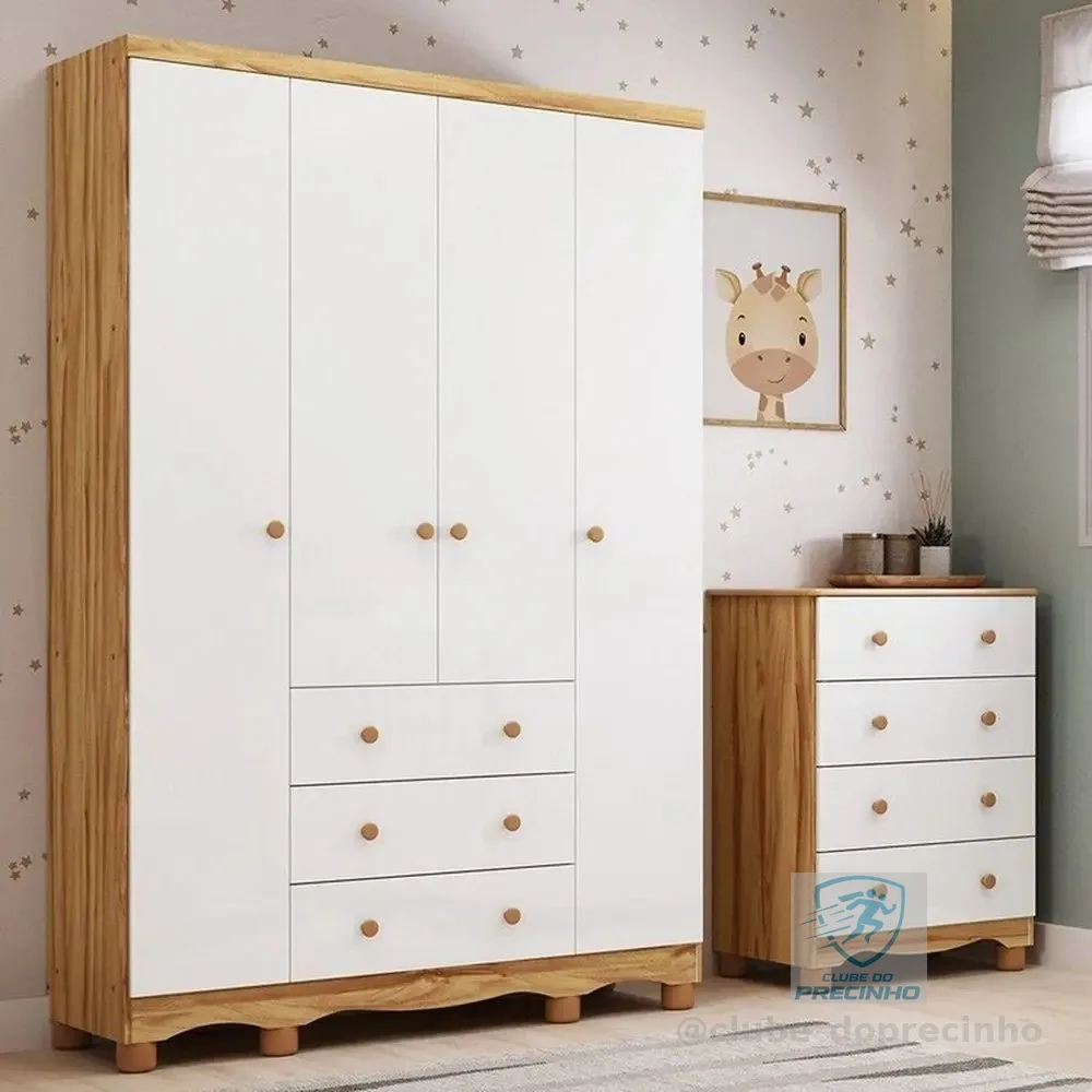 Quarto Infantil Com Guarda-roupa 4 Portas E Cômoda Branco Brilho/amêndoa