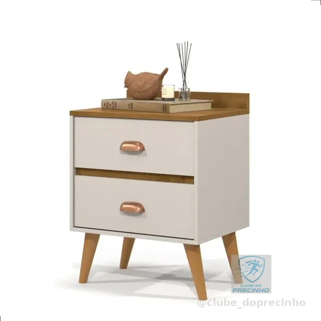 Mesa De Cabeceira Retrô Com 2 Gavetas Compacta Pés Palito