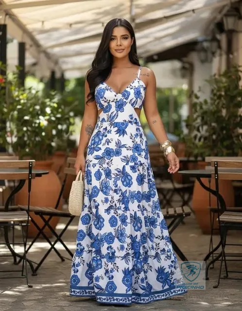 Vestido Longo Verão Tropical Barrado Feminino Fashion