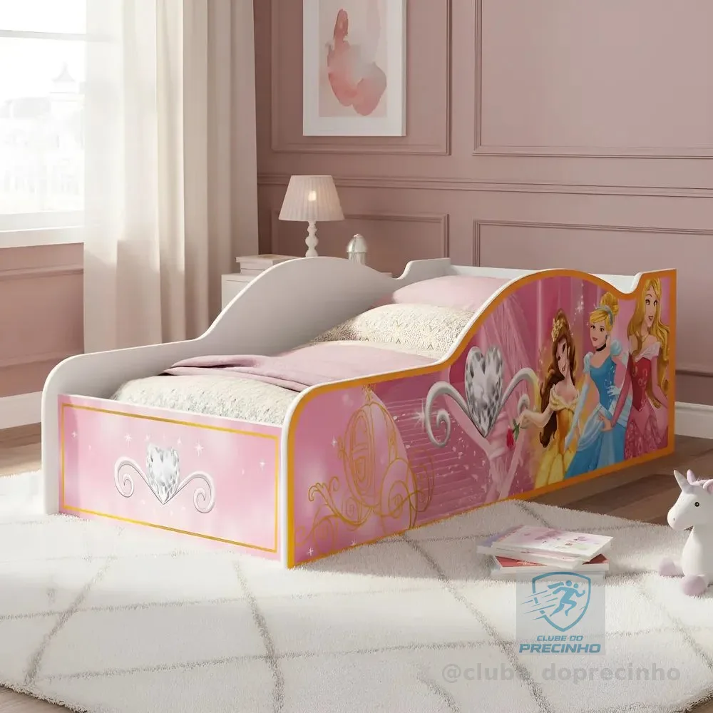 Mini Cama Montessoriana Carro Princesas Rosa, Com Grade de Proteção Lateral