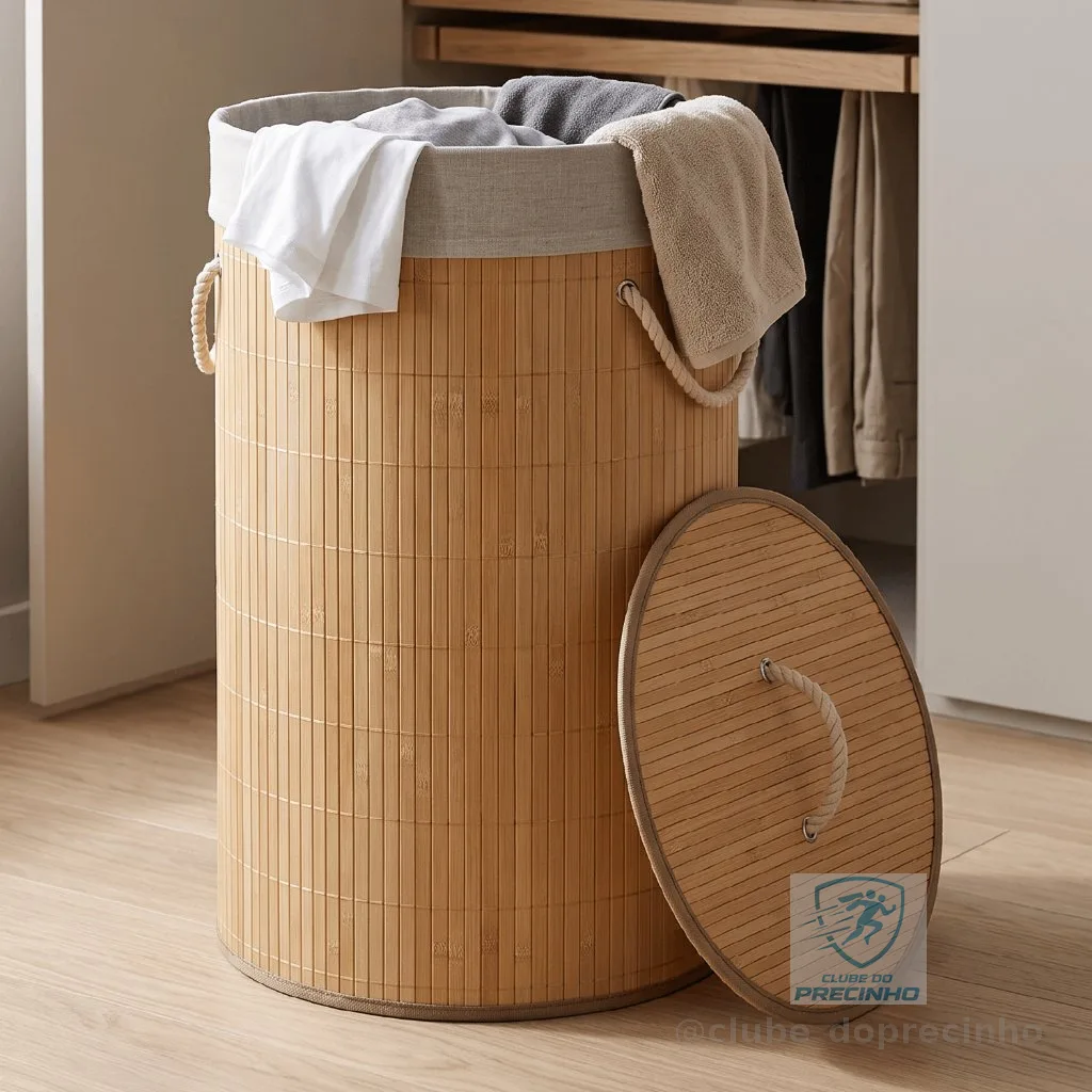 Cesto De Roupa Suja Bambu Dobrável Redondo 57L Grande Organizador Forrado Tampa Alças Banheiro Lavanderia Multiuso