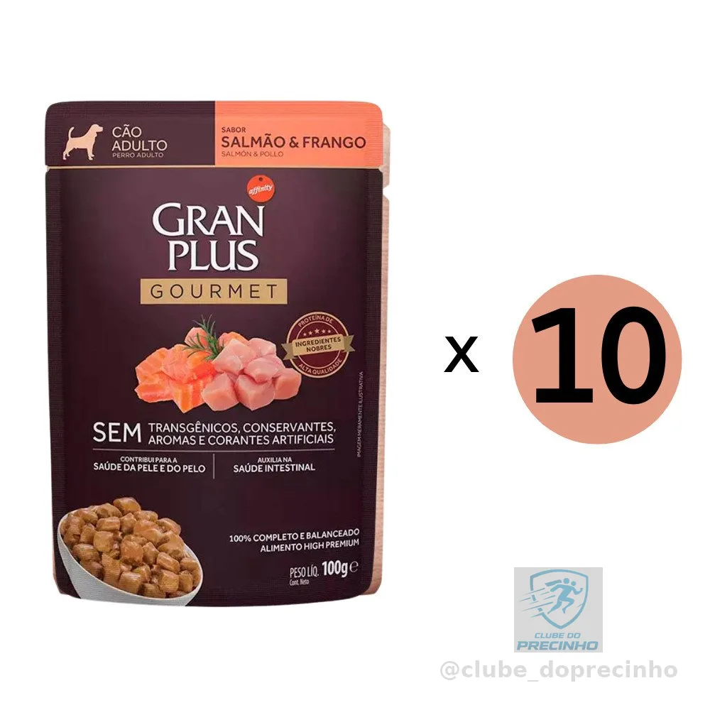 Kit 10 Ração Úmida Gran Plus Gourmet Cães Adultos Salmao Frango Sachê 100Gr