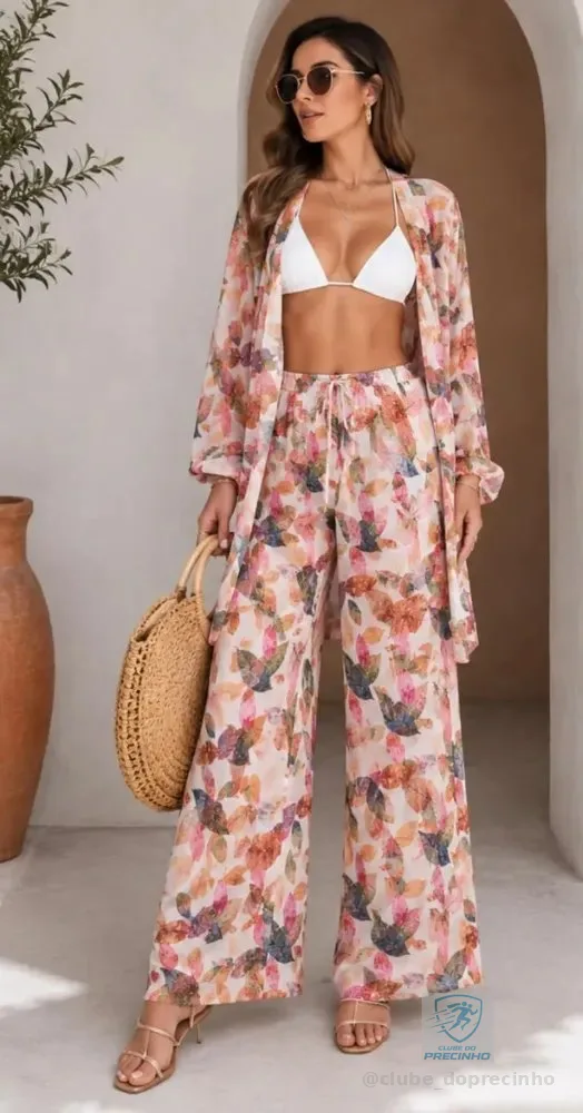 Conjunto Saída De Praia Camisa Com Calca Estampado Tule Laranja-folha Único