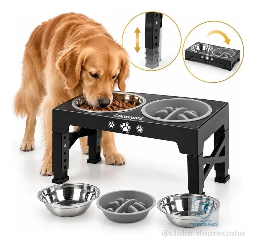 Comedouro Bebedouro Elevado Cães Duplo Lento Inox Grandes Ajustável Looxopet Preto