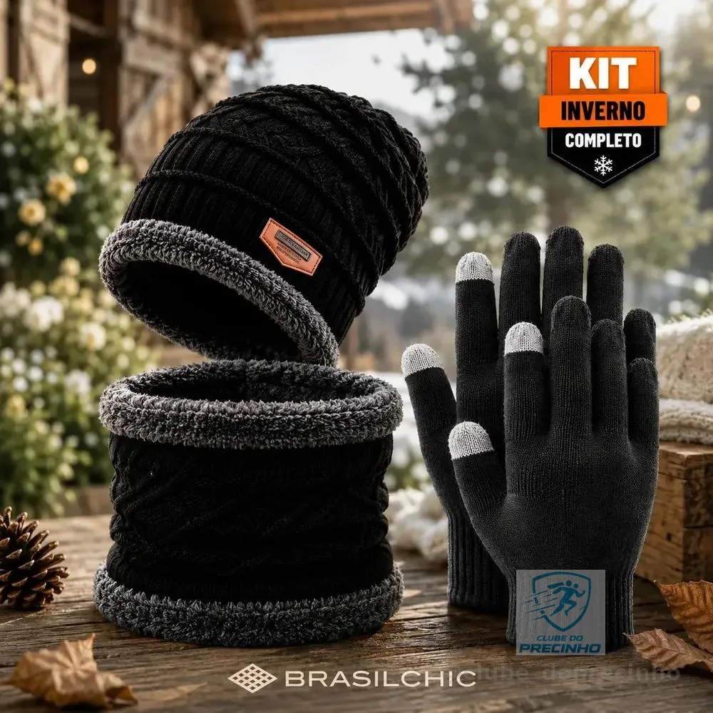 Kit Inverno Touca Gorro Forrado Gola Cachecol Térmica + Luva Touch Celular Unissex Frio Intenso Moto Viagem Caminhada Proteção Contra Vento Peluciado Quente Brasil Chic