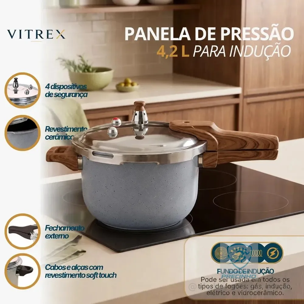 Panela de Pressão Vitrex Ceramic 4.2 L Cinza, com Indução e Antiaderente