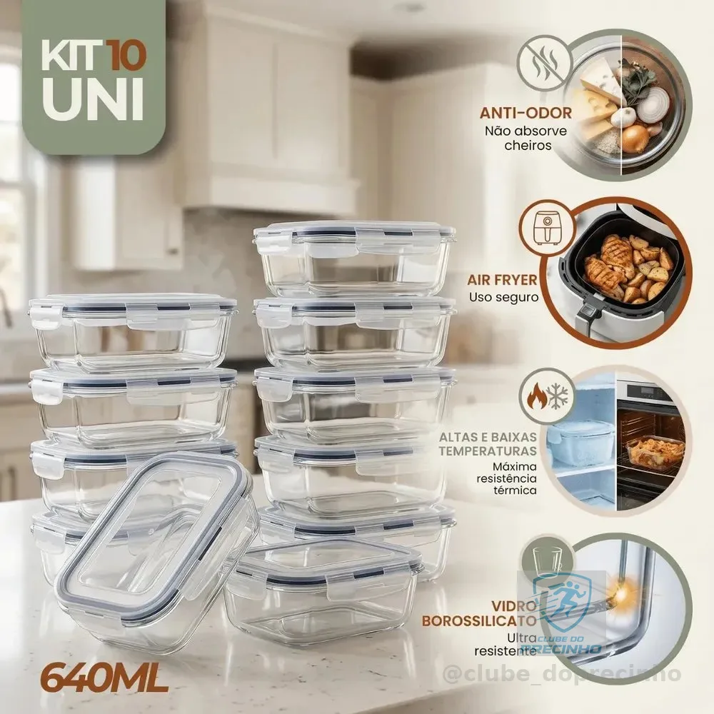 Kit 10 Pote De Vidro Marmita Hermético 640ml Freezer Fitness Rishon
