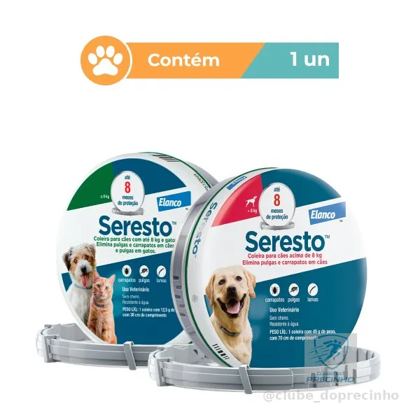 Coleira Antipulgas Seresto para Cães Até 8kg ou Acima de 8kg Proteção por 8 Meses