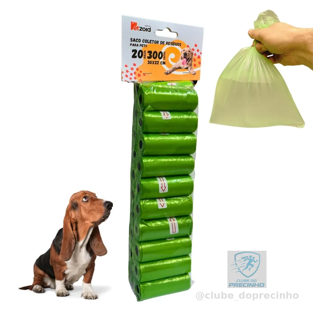 Kit 20 Refis Rolos de Cata Caca, 300 Saquinhos Higiênicos para Cães Pets, Biodegradável, Resistente e Durável