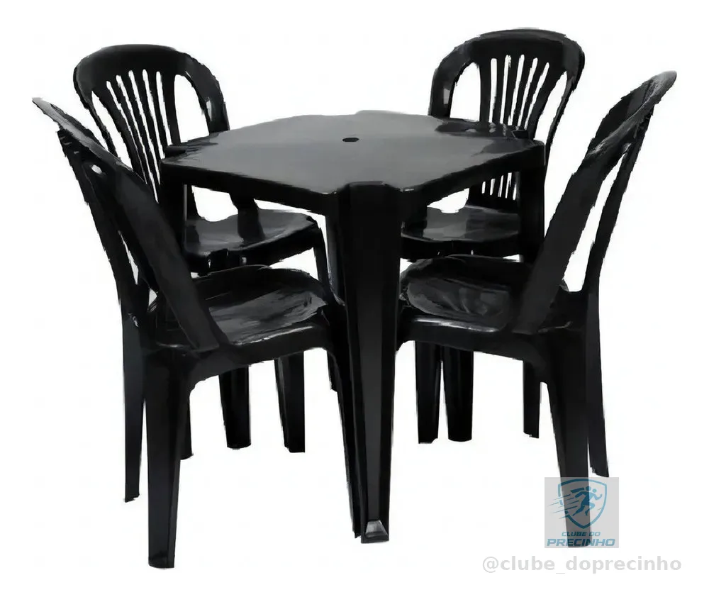 Jr Plasticos Kit Mesa Plástico Quadrada Preta com 4 Cadeiras Bistrô 70cm