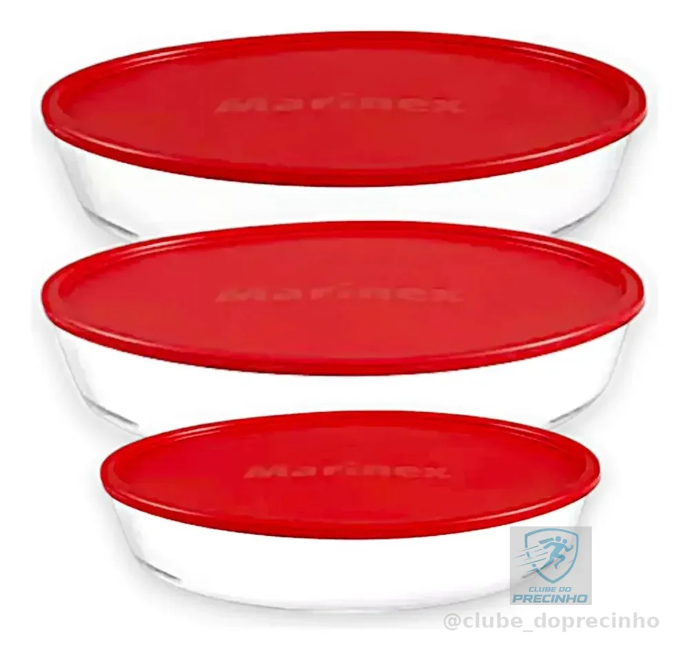 Kit 3 Assadeira Travessa De Vidro Oval Marinex Com Tampa  Vermelho Oval