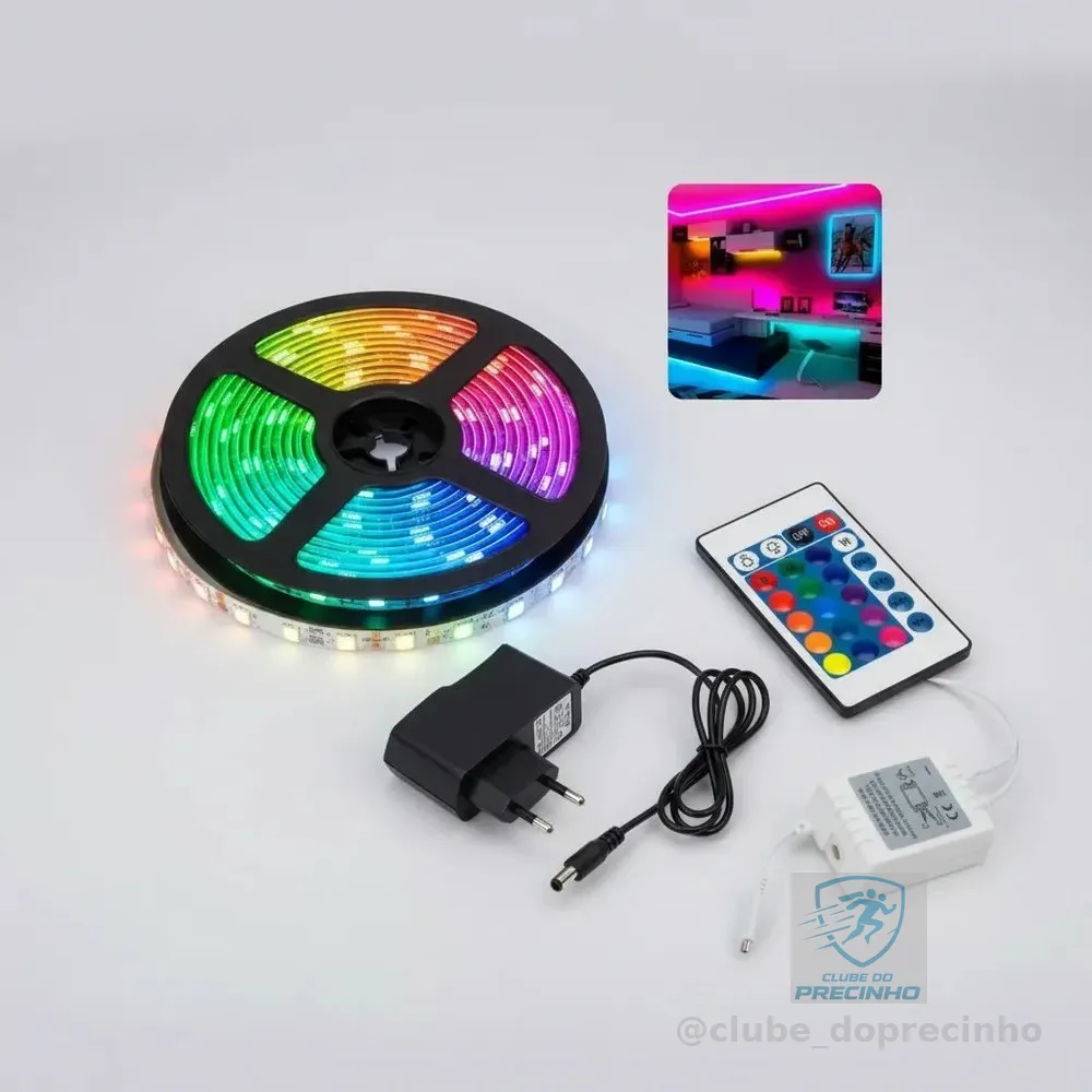 Fita Led 5 Metros Rgb Com Controle E Fonte Rgb 127/220v