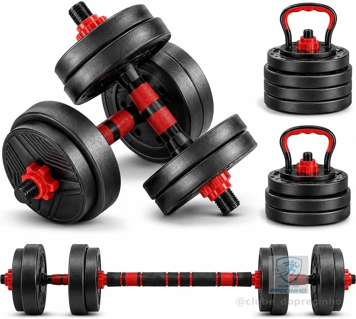 Kit Halteres Ajustável 6 em 1 15kg com Barra, Kettlebell e Suporte Flexões