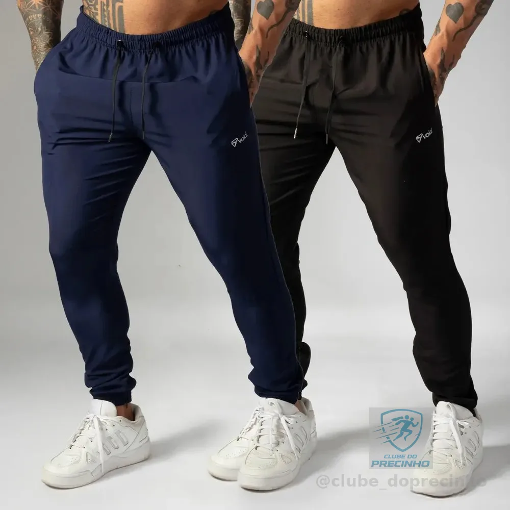 Kit 2 Calças Jogger Tactel Com Elastano Masculina Esportiva Preto E Marinho Basico G