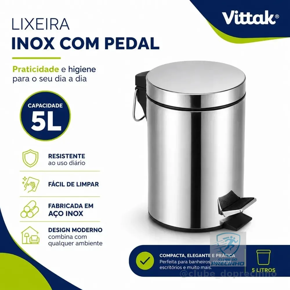 Vittak Lixeira 5 Litros De Aço Inox Redonda Cesto Balde Banheiro Casa Lixo Cor Cinza