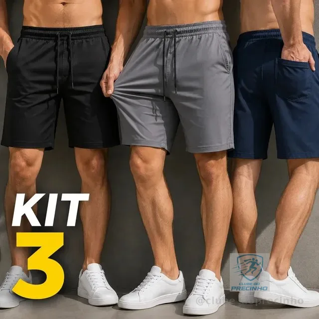 Kit 3 Short Bermuda Masculino Elastano Academia Casual Bolso