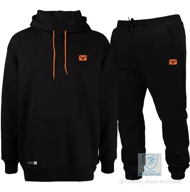 Conjunto De Frio Moletom Com Capuz Canguru Flanelado Preto