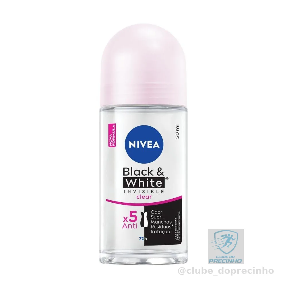 NIVEA Desodorante Antitranspirante Roll On Invisible Black & White Clear 50ml - Proteção prolongada de 48h, cuidado suave, ação antibacteriana, fórmula 5 em 1: anti-manchas, anti-odor