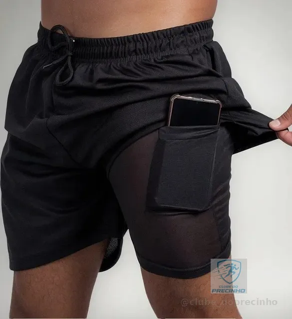 2 Em 1 Short Academia Bermuda Corrida Bolso Compressão Com