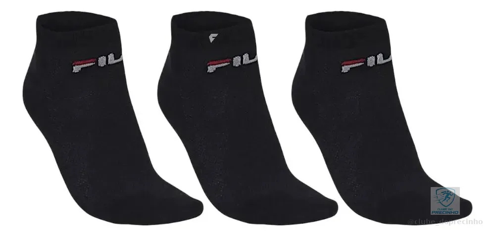 Tripack Meia Esportiva Fila Cano Curto Kit 3 Meias Masculino Pretas Logo 39-43