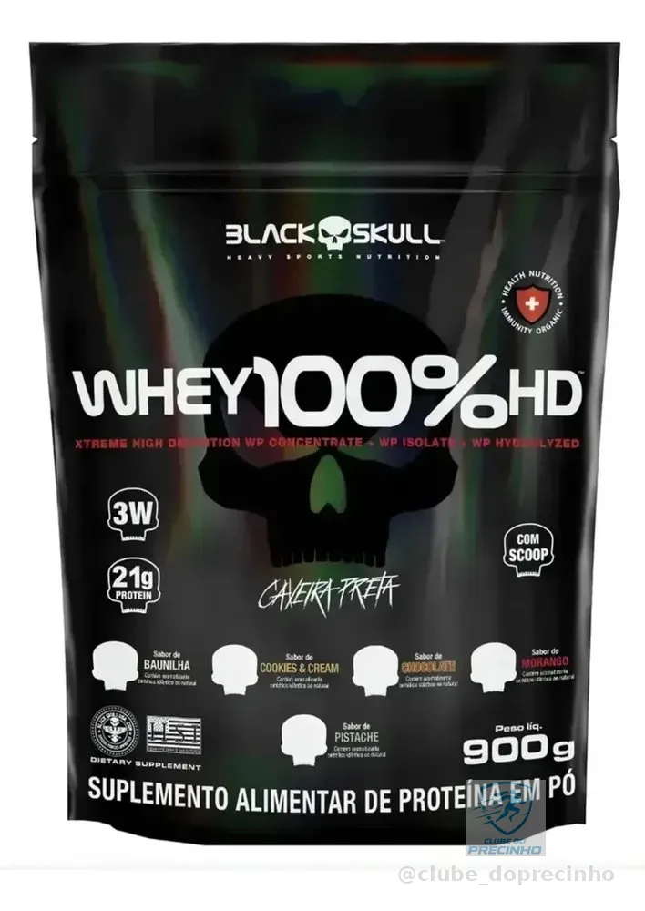 Whey 100% Hd Refil Black Skull - 900g (wpc, Wpi E Wph) Sabor Baunilha
