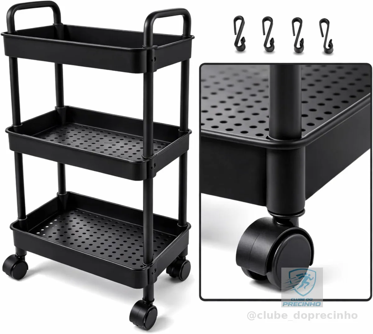 Carrinho Organizador Multiuso 3 Andares Com Rodinhas 360°, Cestos, Fruteira, Estrutura Reforçada, Ganchos Laterais, Fácil de Montar, Ideal para Cozinha, Banheiro, Lavanderia, Escritório (PRETO)