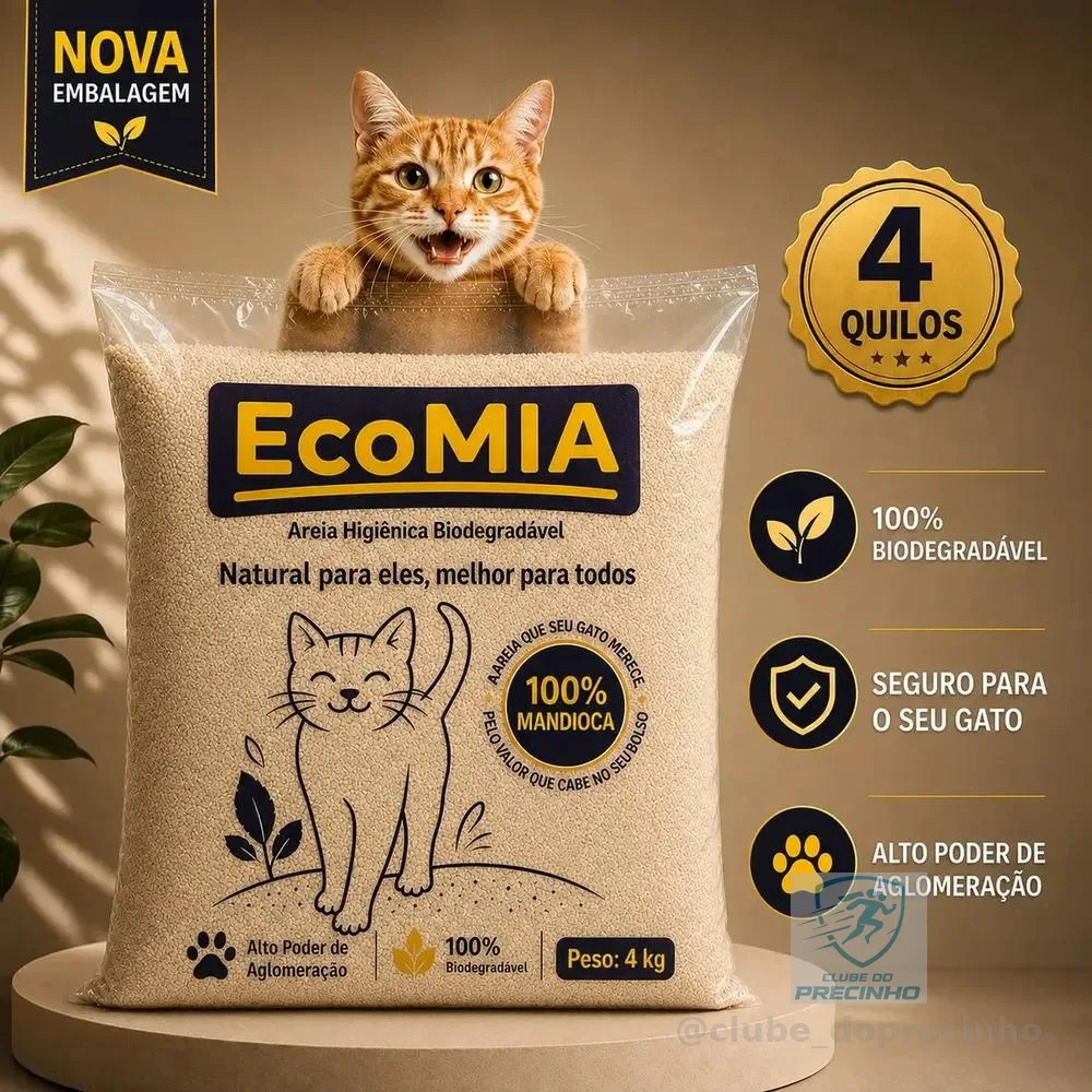 Areia Higienica Sanitaria Para gatos 4kg Biodegradavel EcoMia 100% Natural Sustentavel Sem Levantar Poeira Zero Odor Graos Finos Torroes Firmes Feita de Mandioca