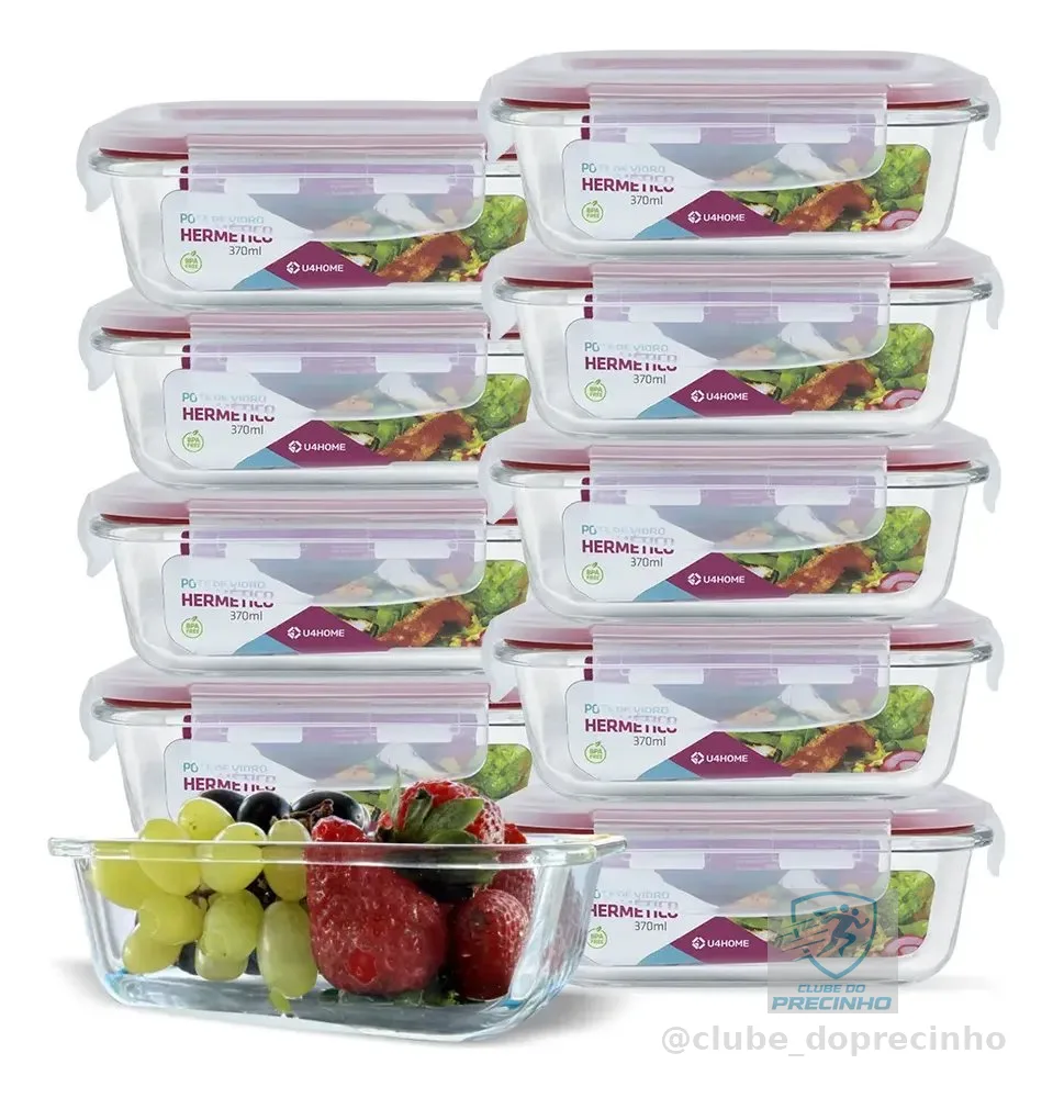 Kit 10 Potes Vidro Hermético Retangular Marmita 370ml Freezer Vermelho U4home